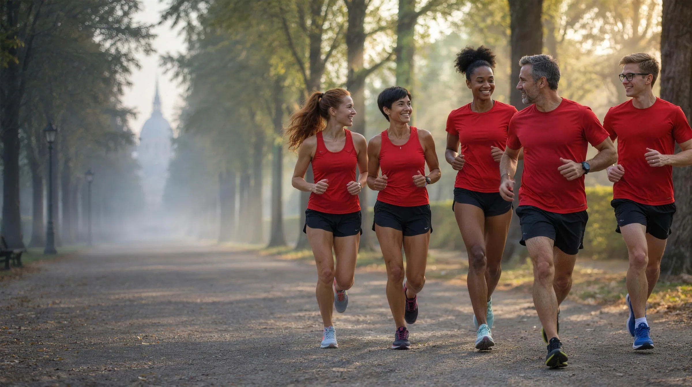 Un piccolo gruppo in maglia rossa corre insieme al coach lungo un viale alberato del parco