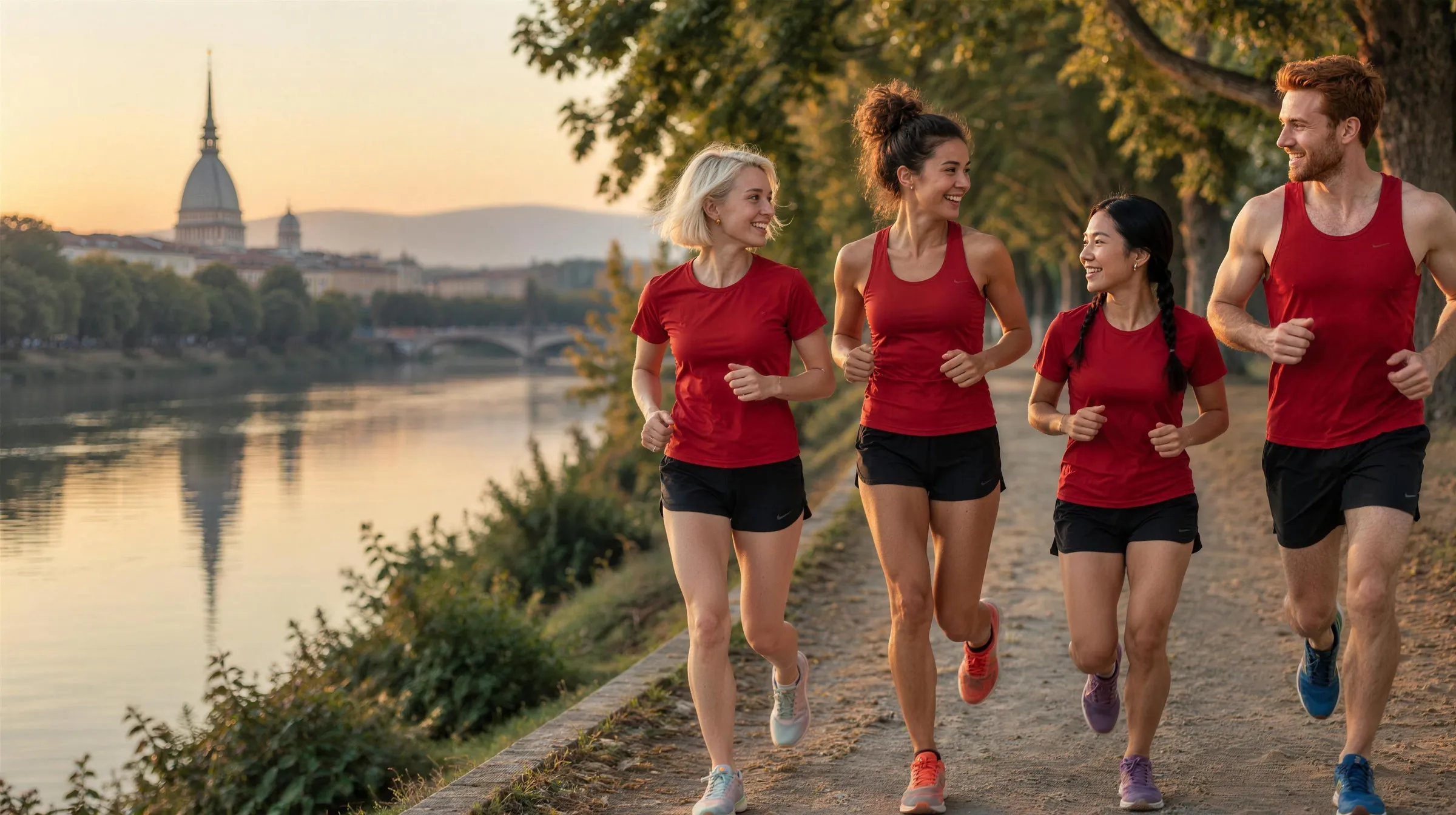Tre ragazze e un ragazzo in maglia rossa corrono insieme lungo il Po, con la Mole sullo sfondo